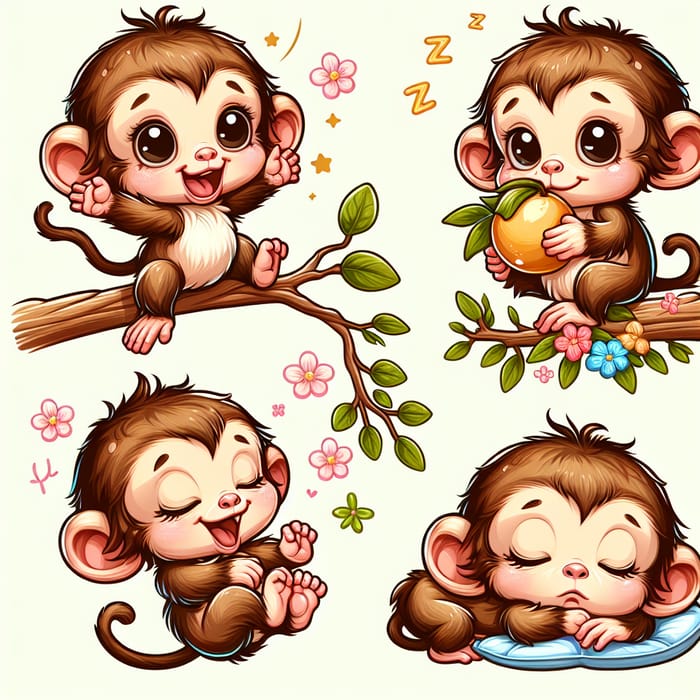 Adorable Baby Monkey in Various Poses - Vector Illustrations