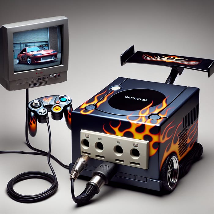 Custom Flame-Embossed GameCube Console with Car Design