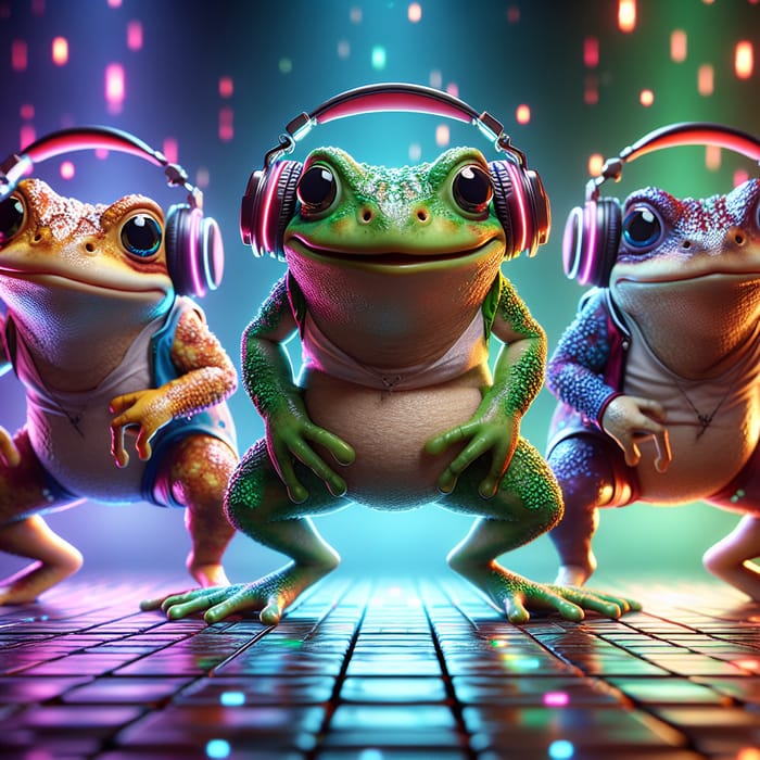 Anthropomorphic Toad Dubsteppers Grooving in Neon Headphones