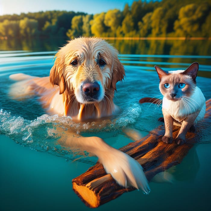 Dog and Cat Swimming in Serene Lake - Playful Scene Captured
