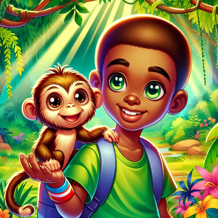 Black Boy and Monkey Having Fun in Cartoon Jungle