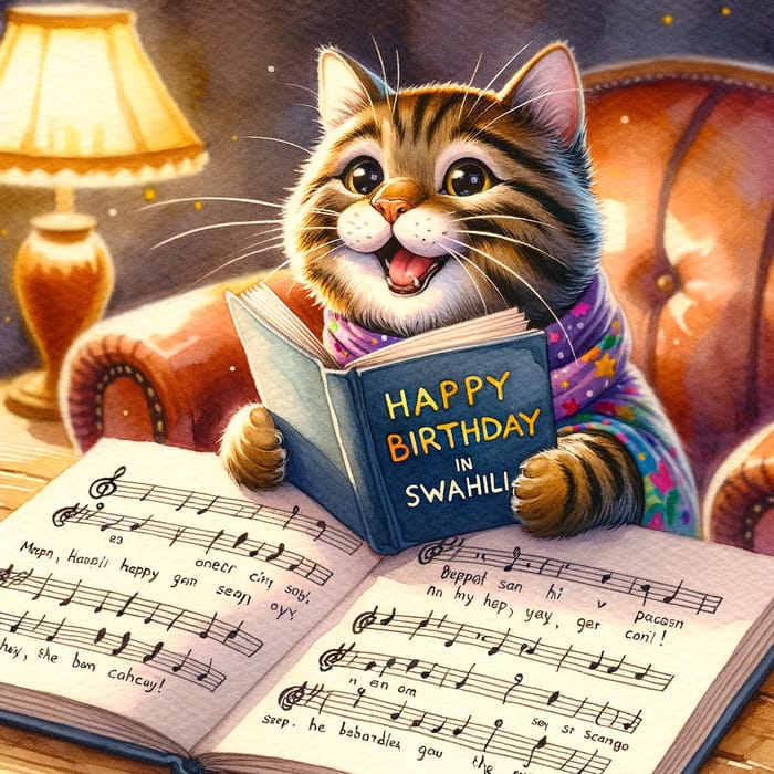 Adorable Cat Singing 'Happy Birthday' in Swahili - Watercolor Art