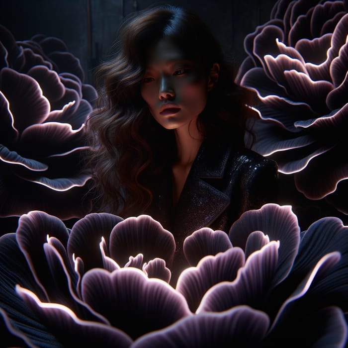 Ethereal Dark Fashion: Asian Lady in Bioluminescent Flower