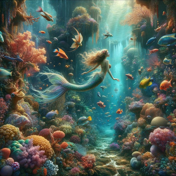 Enchanting Underwater Mermaid in Vibrant Coral Reef Scene