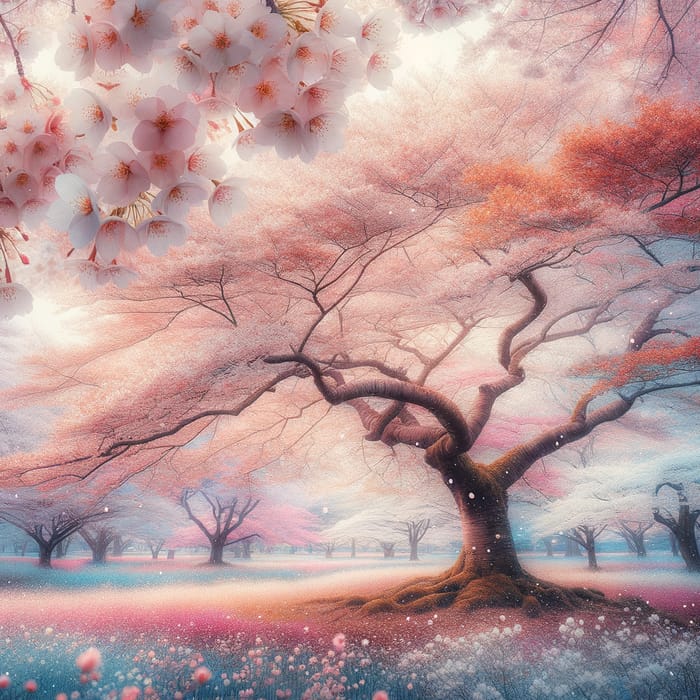Pastel Cherry Blossom Tree in Park, Macro Details - Nature Inspired