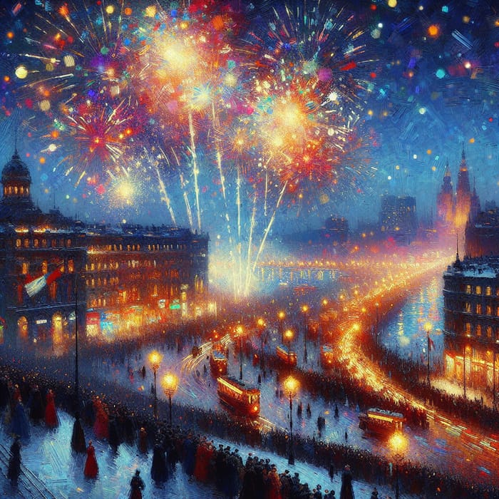 Festive Cityscape & Glowing Fireworks - Impressionist Celebration