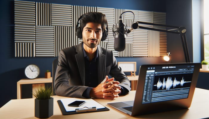 Authentic South Asian Male Podcaster Engaging with Global Audience