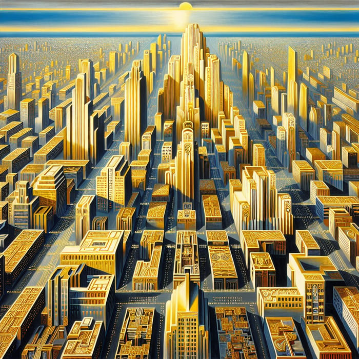 Glamorous Art Deco Cityscape with Gold Accents | Aerial Geometric Oil Painting