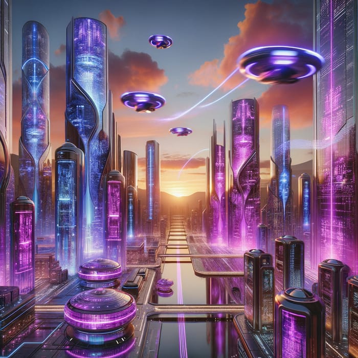 Futuristic Cityscape at Dusk with Glowing Purple Neon Lights