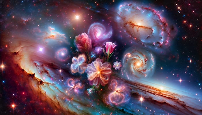Celestial Spring Bouquet: Cosmic Floral Patterns & Ethereal Nebulae