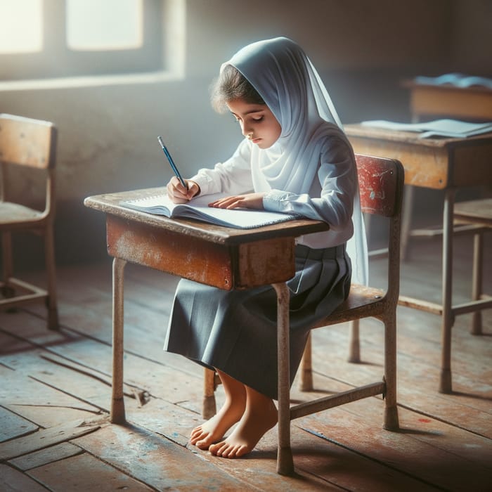 Imaginative Scene of Eleven-Year-Old Middle-Eastern Girl Studying in Classroom