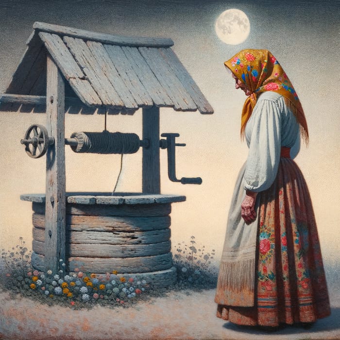 Elderly Russian Grandmother at Old Wooden Well in Night Sky