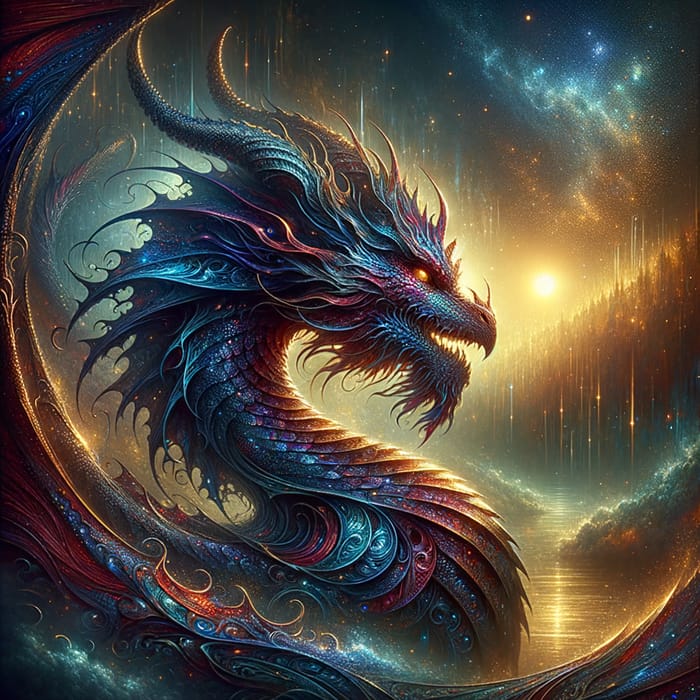 Flamboyantly Detailed Dragon Artwork with Ruby Red and Sapphire Blue Hues