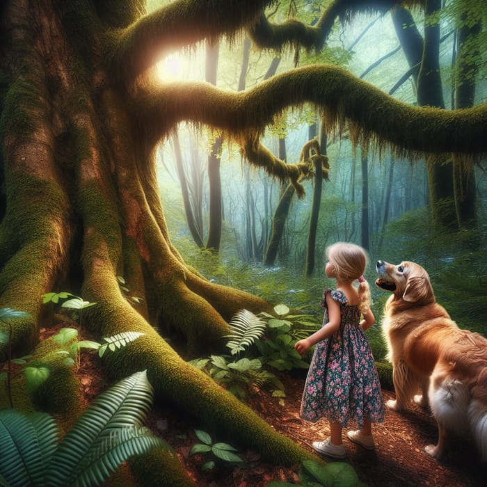 Young Girl and Golden Retriever in Enchanted Forest Excursion