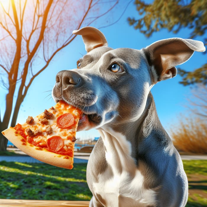 Blue Dog Eating Pizza Under Clear Blue Sky