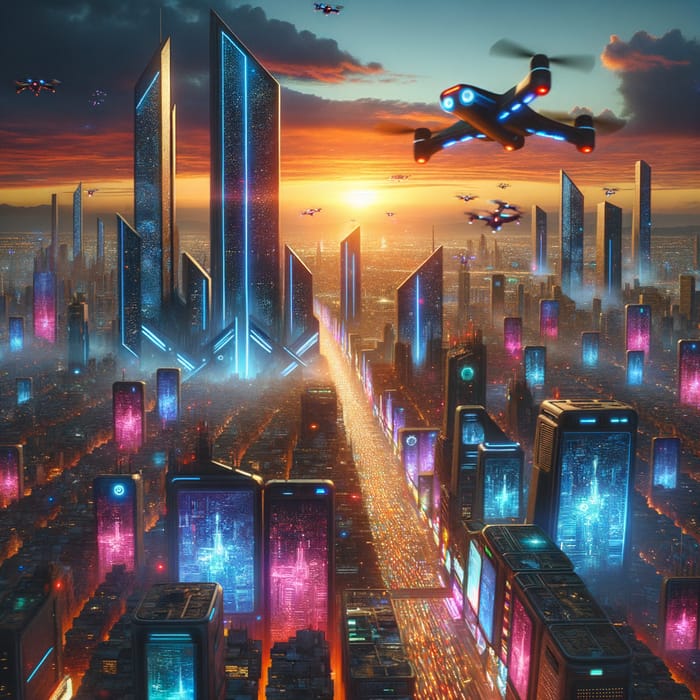 Neon Cyberpunk Cityscape - Aerial Drone at Sunset