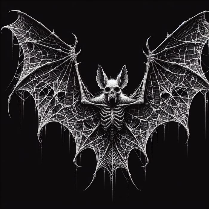 Eerie Black & White Bat with Spider Web Wings