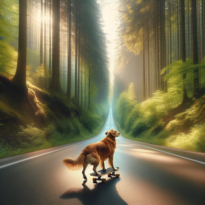 Dog Skateboarding on Highway Through Forest
