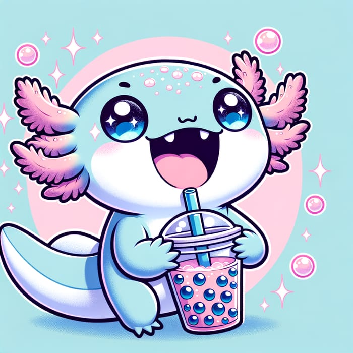 Kawaii Axolotl Sipping Bubble Tea Joyfully