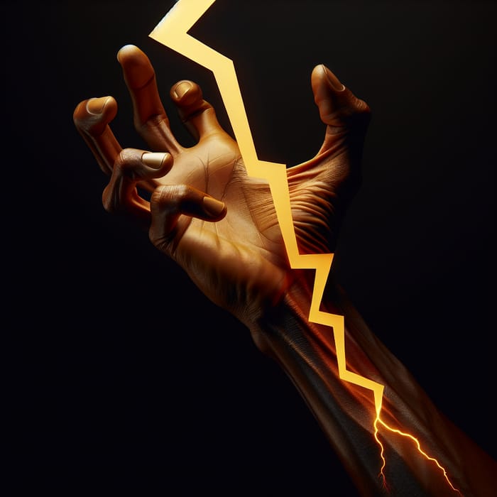 Hand Grasping Yellow Thunderbolt on Black Background