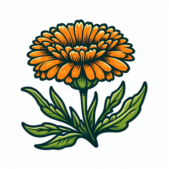 Bright Orange Marigold with Stem Clipart | Floral Illustration