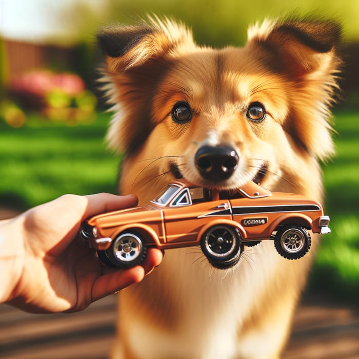 Excited Dog Plays with Toy Car