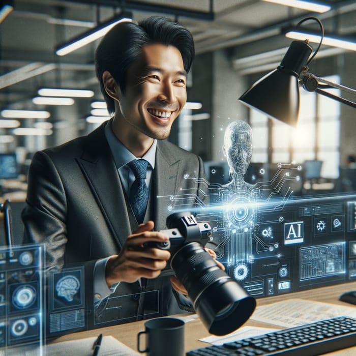 East Asian Businessman Utilizing AI Tools in Modern Office Setting