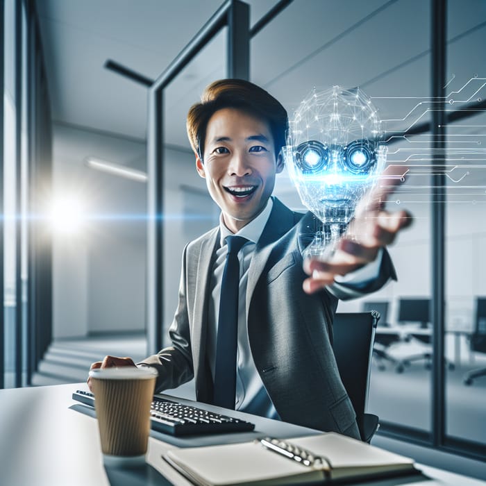 AI-Driven Asian Businessman in Modern Corporate Office