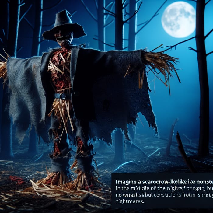 Nightmarish Scarecrow Monster in Dark Woods: A Terrifying Vision