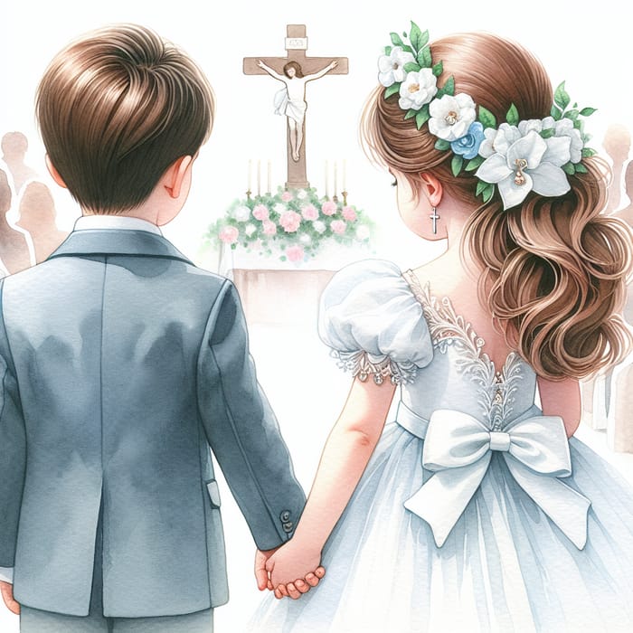 Watercolor Painting of Boy and Girl in Communion Dresses Holding Hands