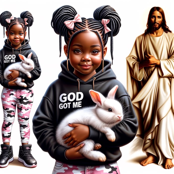 Realistic Airbrush Style Image of Young Black Girl in 'God Got Me' Hoodie with Jesus and Fluffy Rabbit