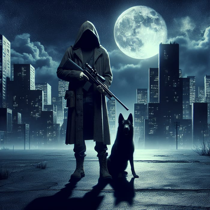 Dystopian City Hunter at Night with Rifle and Dog