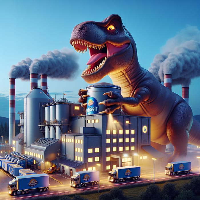 Monstrous Dinosaur Engulfing Beer Factory - Captivating Scene