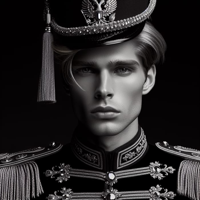 Captivating Blonde Individual with Commanding Presence in Opulent Military Uniform
