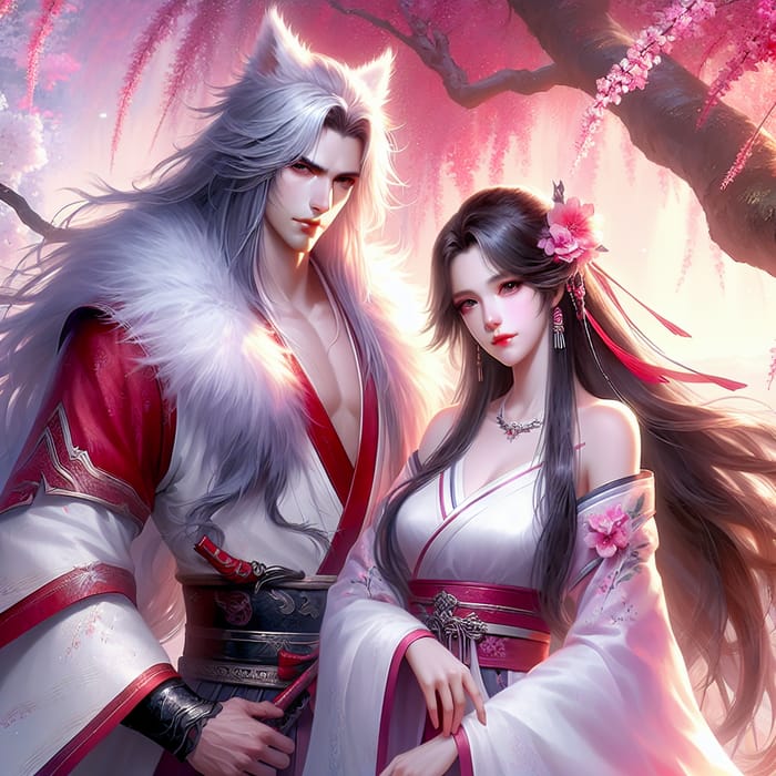 Kikyo and Inuyasha: Romantic Couple with Feline Ears in Ancient Era