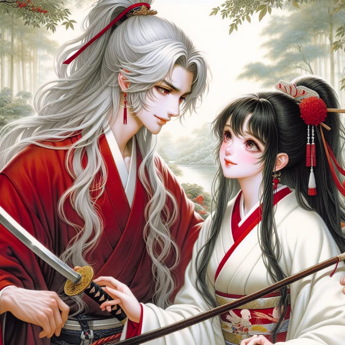 Romantic Ancient Japanese Couple in Enchanting Forest