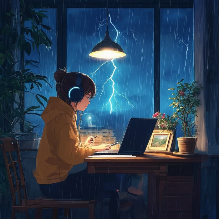 Cozy Room Digital Illustration: Young Woman Working on Laptop During Stormy Night