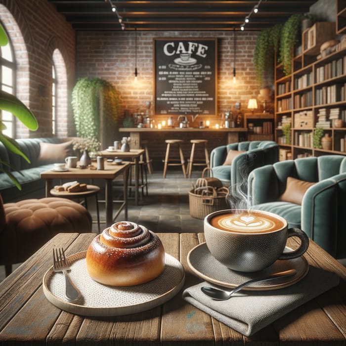 Rustic Café Scene: Espresso and Cinnamon Bun Delight
