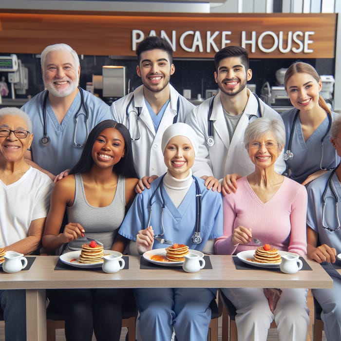 Diverse Cancer Patients & Medical Staff at Pancake House