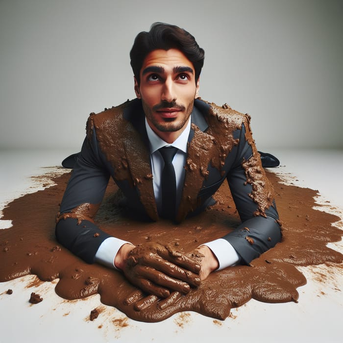 Middle-Eastern Businessman Covered in Thick Mud: Image Analysis