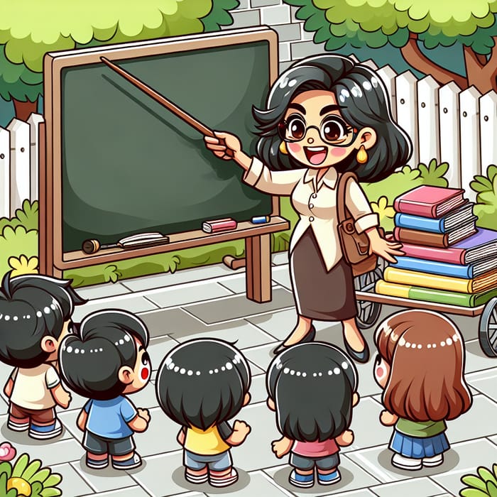 Outdoor Filipino Female Teacher Cartoon Characters Teaching with Books Cart