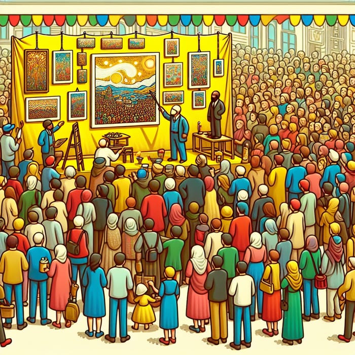 Children's Book Style Cartoon of People Enjoying Art Exhibition