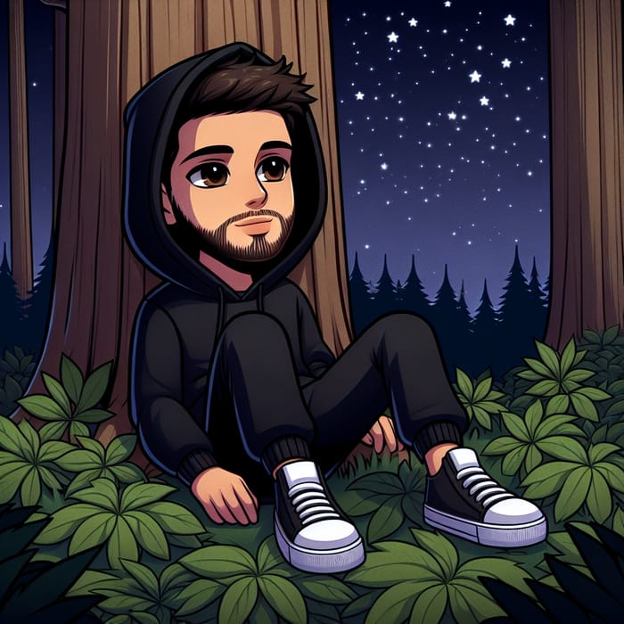 White Man in Black Outfit Stargazing on Forest Floor