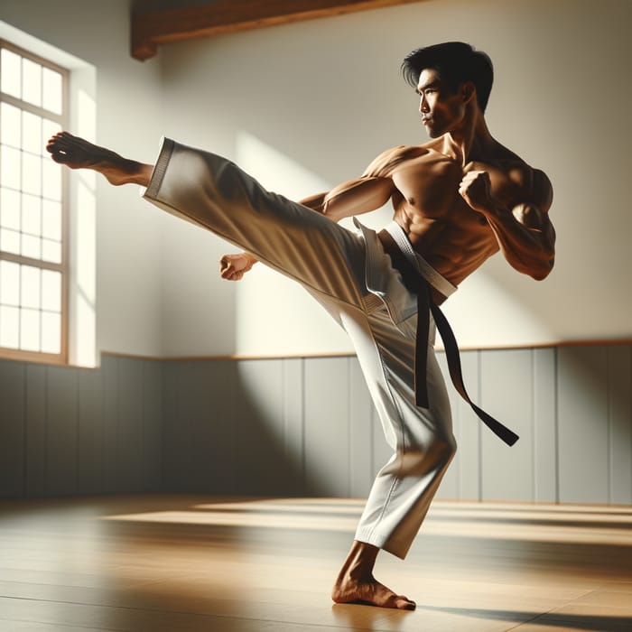 Bruce Lee Demonstrates Powerful High Kick in Traditional Dojo Setting