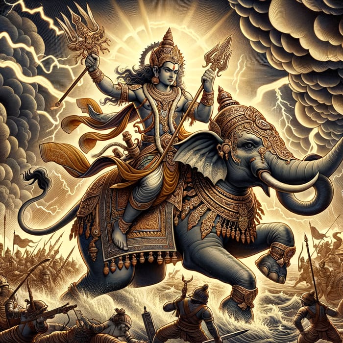 Indra Mythological War Scene – Divine Deity on Elephant
