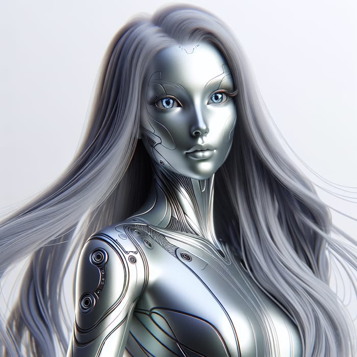 Futuristic 3D Humanoid Character Model in Metallic Skin and Green Hair