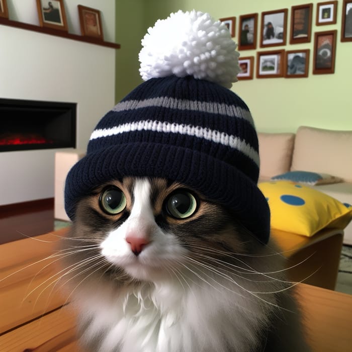 Curious Cat with Cap in Fireplace Setting