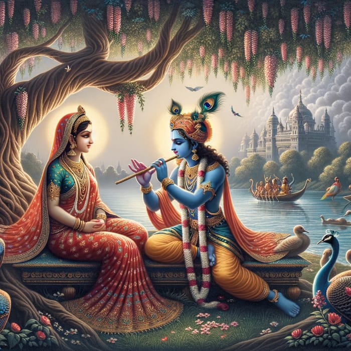 Sri Krishna and Radha: Divine Love Under Kadamba Tree
