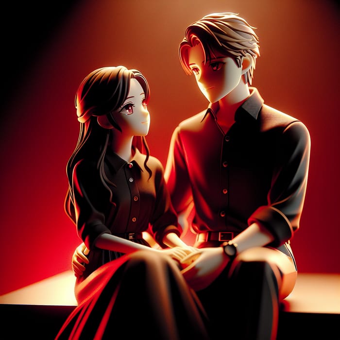 Stylish Romantic Anime Couple in Dim Red Light