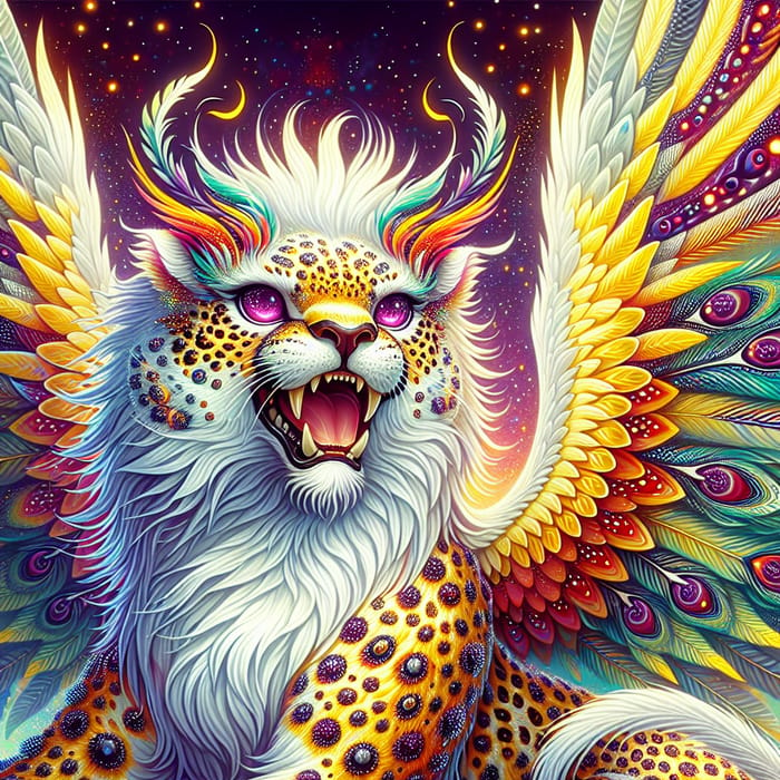 Mythical Leopard-Falcon Beast with Vibrant, Shimmering Wings
